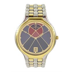 Omega gold and stainless steel quartz wristwatch, Cal. 1431, Sun symbol dial, with  Egyptian Ankh hands and date aperture at 6 o'clock, on integrated Omega gold and stainless steel bracelet strap, with fold-over clasp