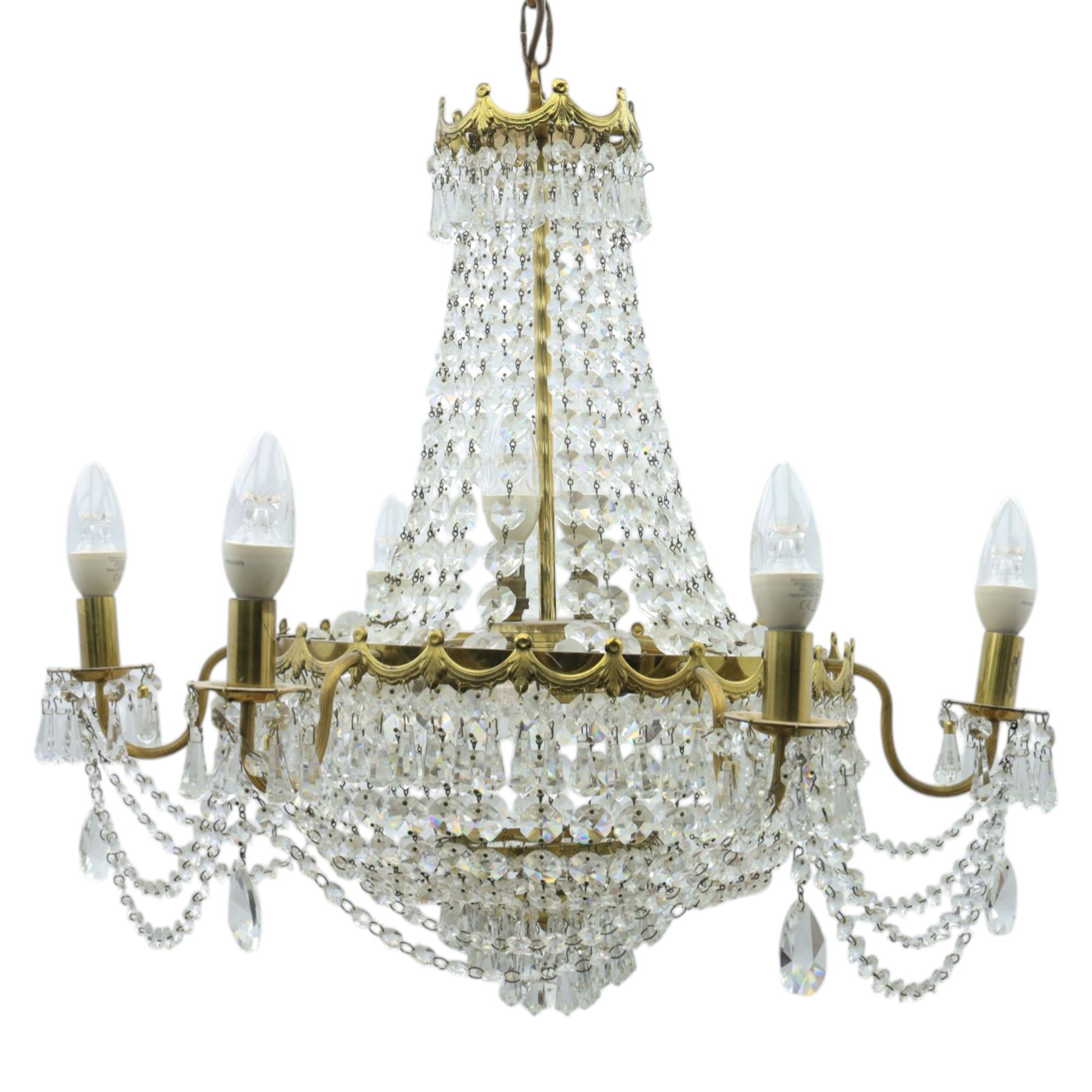 Late 20th century glass six branch chandelier, beaded glass  