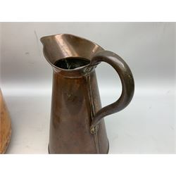 Copper bucket with iron handle, D36cm, together with a copper jug