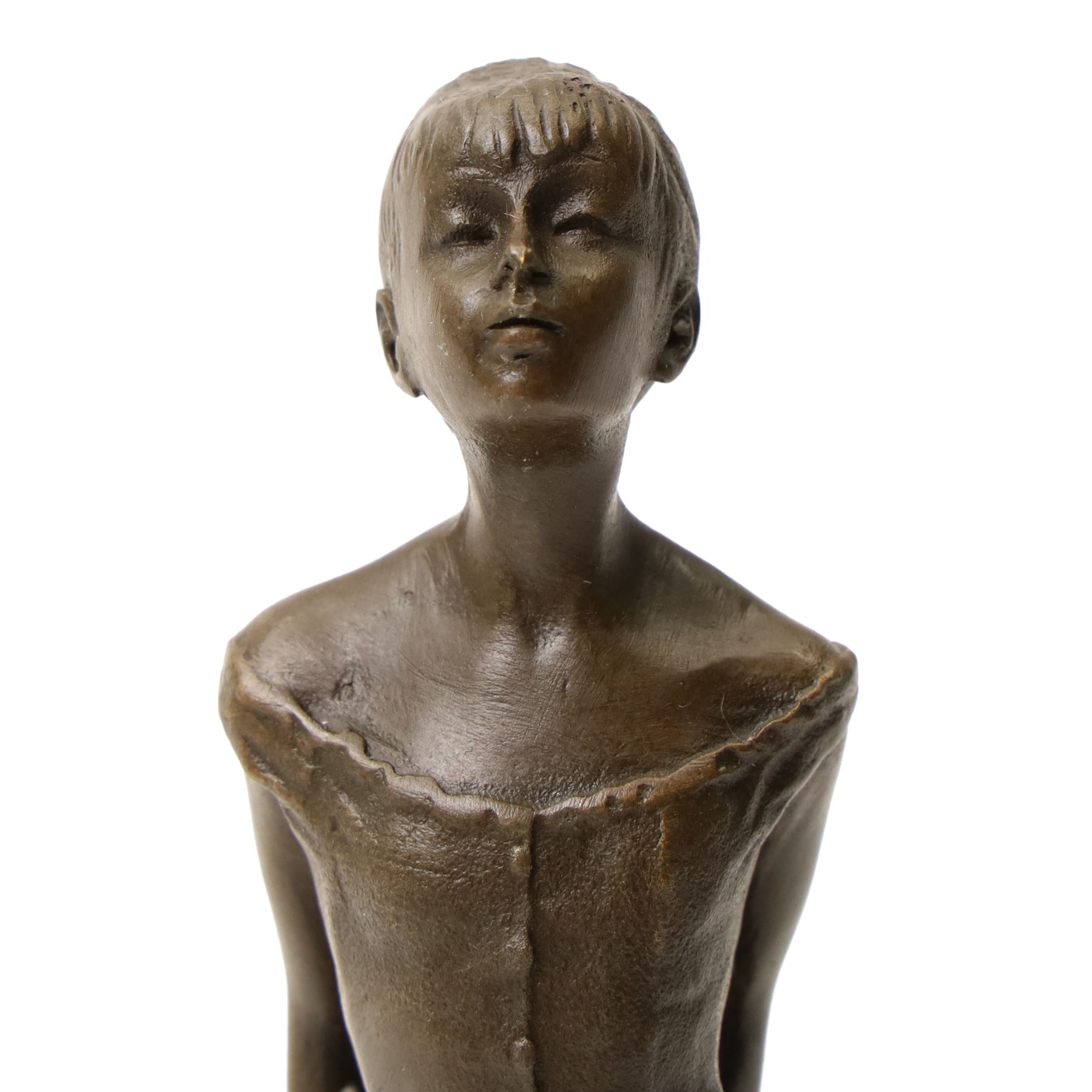 After Edgar Degas (French 1834-1917): La Petite Danseuse de Quatorze Ans, small bronze figure modelled as a young female dancer, bearing signature and with foundry mark, raised upon a rectangular base, H18.5cm