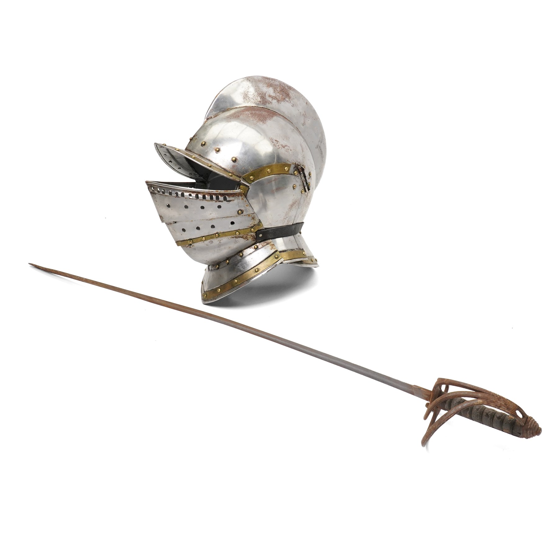 Victorian Royal Artillery officers sword with owners crest and initials, blade length 89cm and a copy of a mediaeval helmet