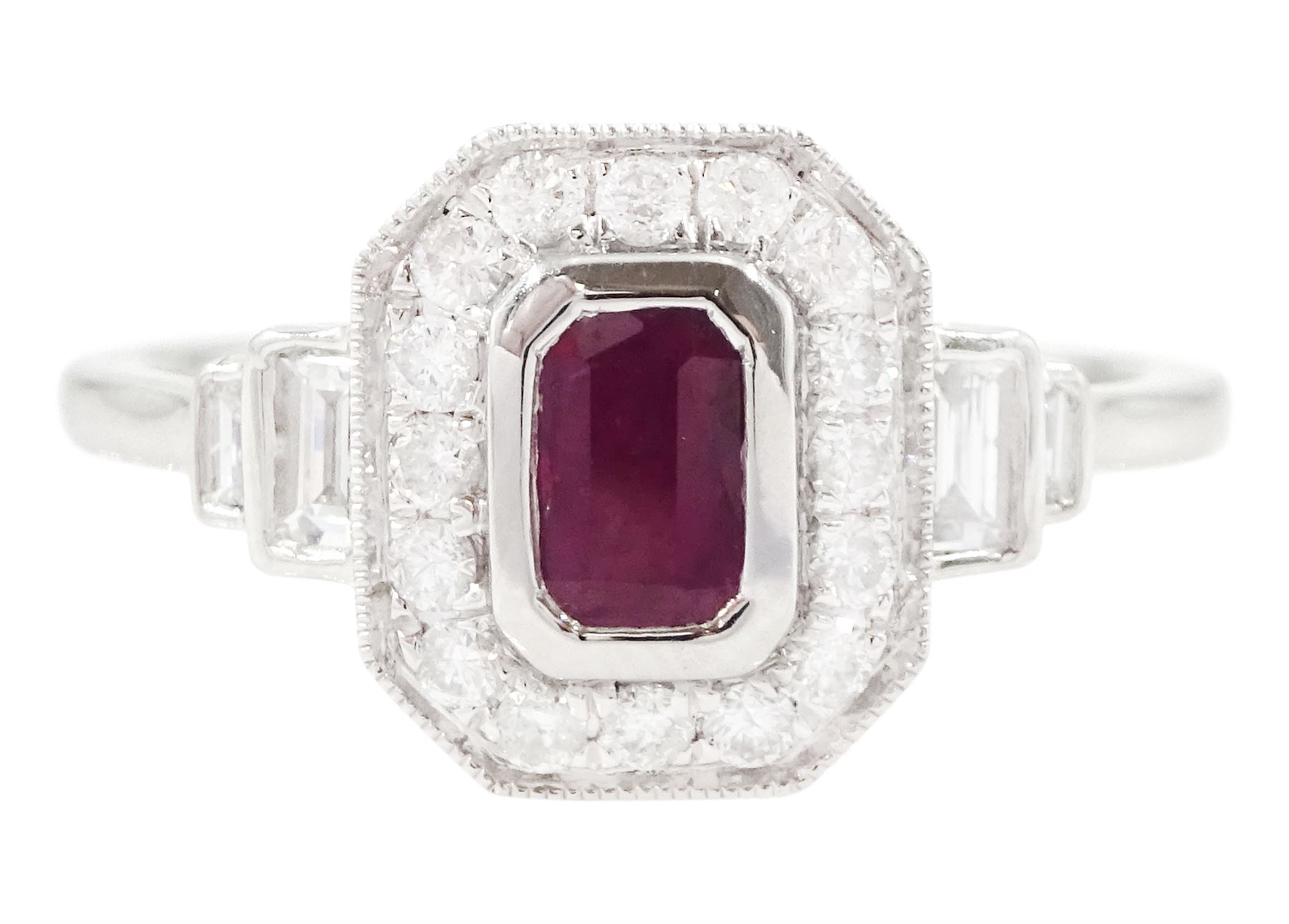 Platinum ruby and diamond ring, single octagonal cut ruby of approx 0.60 carat, with milgrain set round brilliant cut diamond surround and baguette cut diamond shoulders, hallmarked, total diamond weight approx 0.45 carat