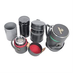 Collection of camera lenses, including Tamron 1:3.5 f=200mm, Makinon MC Zoom 1:3-4.5 35mm-105mm, Topcor 1:4 f=100mm, Acall 6.5mm f:1.4 wide angle lens, etc