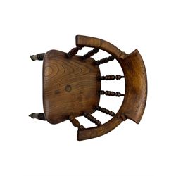 Victorian elm captains smokers bow chair, spindle turned tub shaped back, saddle seat, seat height 41cm