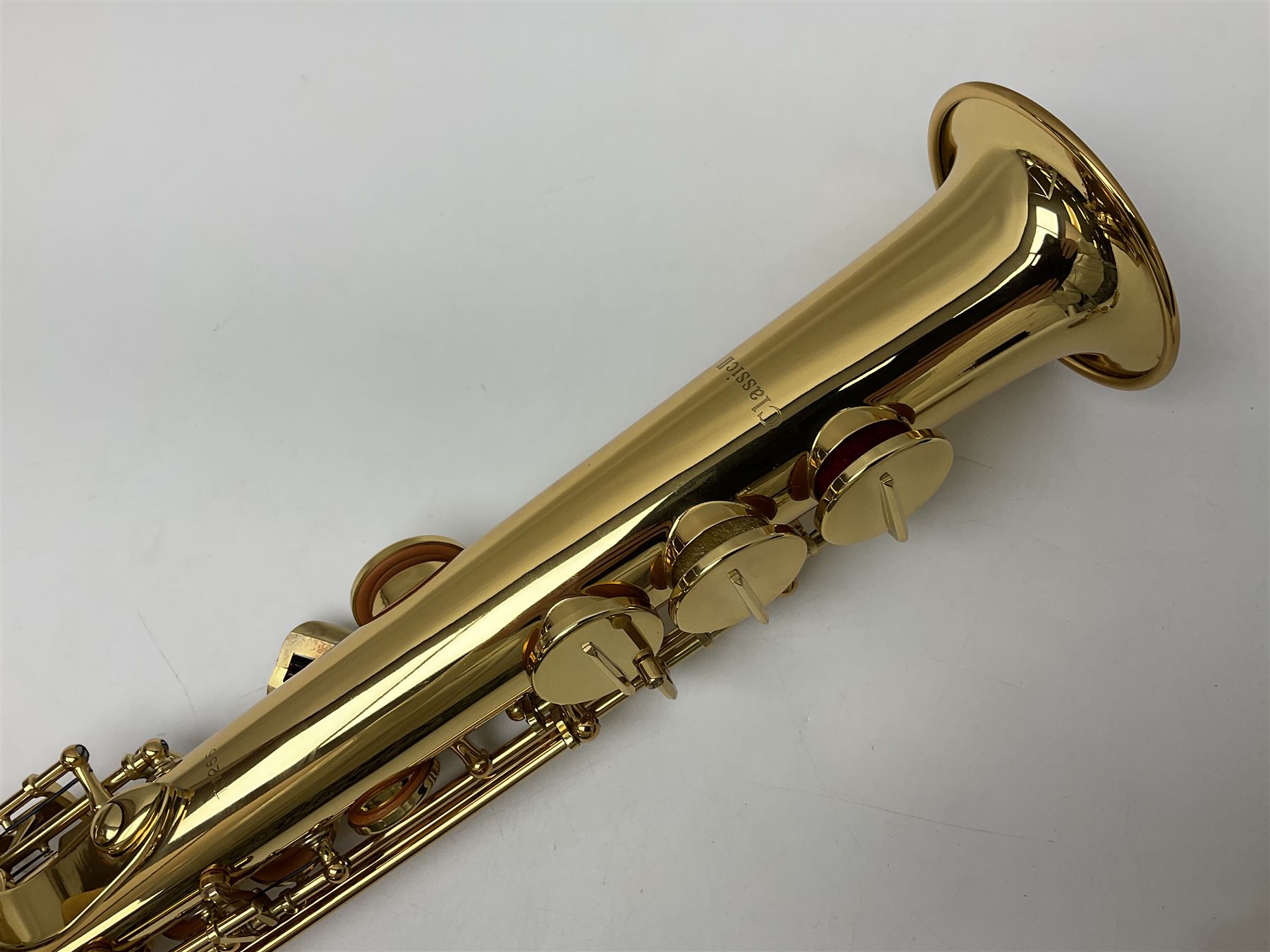 Trevor James The Horn Classic II brass straight soprano saxophone, serial no.T1255; in lightweight carrying case with accessories