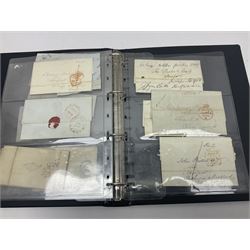 Postal history, including pre-stamp, Queen Victoria imperf penny reds on covers or entires a few with black MX cancels, 1841 two pence blue with white lines added on mourning cover, perf penny red on cover etc, housed in a ring binder folder