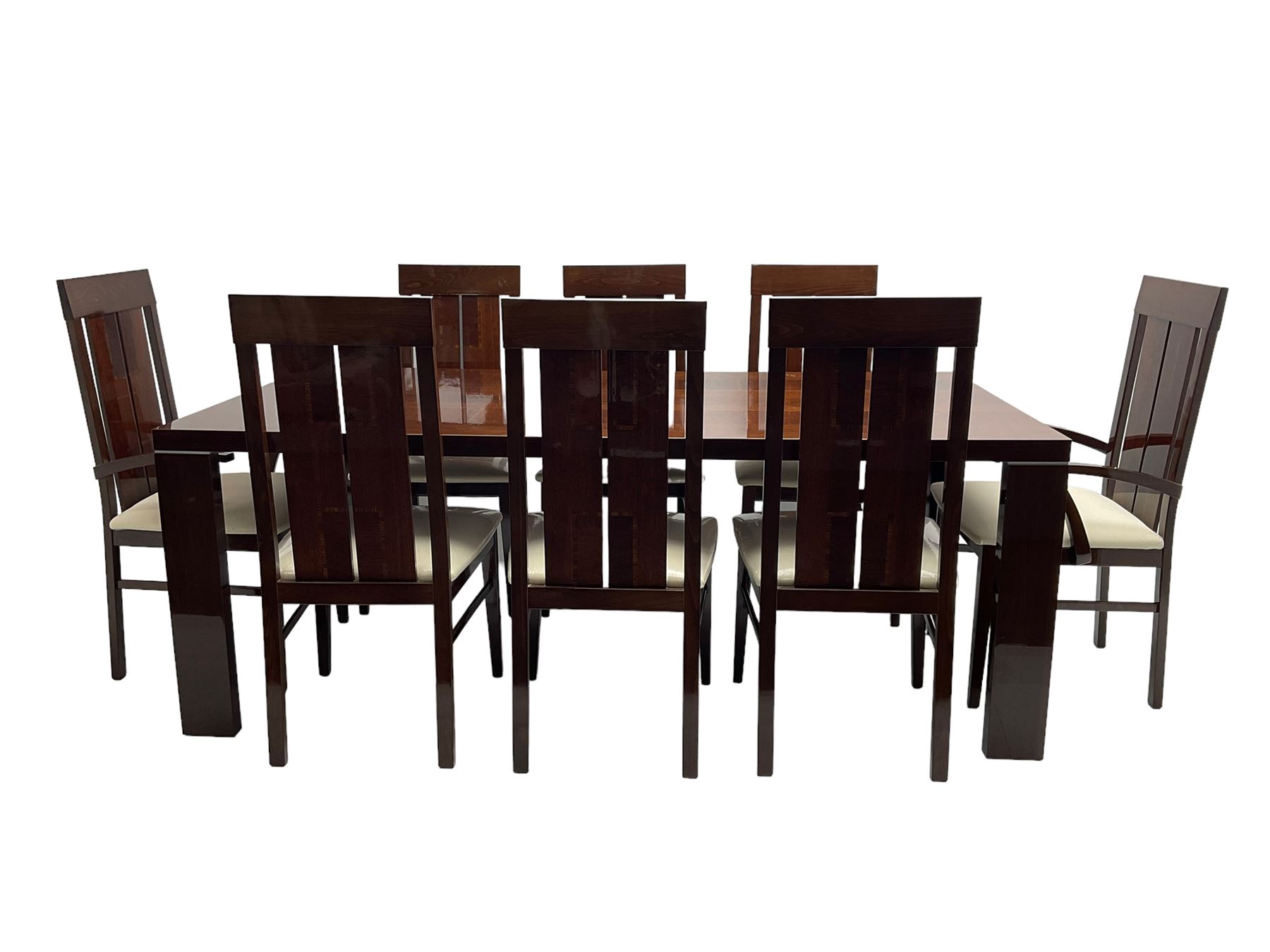 Large American walnut rectangular dining table on square block supports, together with set eight high back dining chairs with cream upholstered seats, the top and chair backs with matching inlaid geometric banding