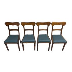 Set four Victorian mahogany dining chairs, shaped cresting rail over centre rail, seat upholstered in blue patterned fabric, raised on turned supports