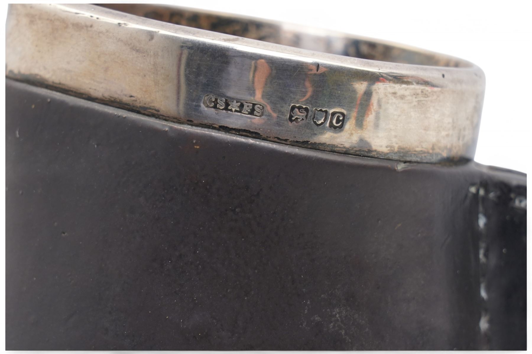 Late Victorian Doulton Lambeth silver mounted jug modelled as a leather jack H20cm London 1898 Maker Cornelius Desormeaux Saunders and James Francis Hollings Shepherd