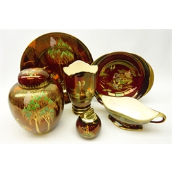  Six pieces of Carlton Ware Rouge Royale with enamelled and gilt Chinoiserie decoration comprising ginger jar, dishes, plate, vase and table lighter (6)  
