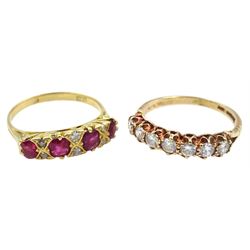 18ct gold four stone ruby rand six stone diamond ring and a 9ct gold seven stone cubic zirconia ring