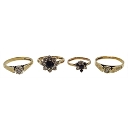 Two gold sapphire and diamond cluster rings and two gold diamond rings, all hallmarked 9ct
