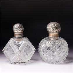 Edwardian glass globe scent flask with silver cover H13cm Birmingham 1905 and another of e...