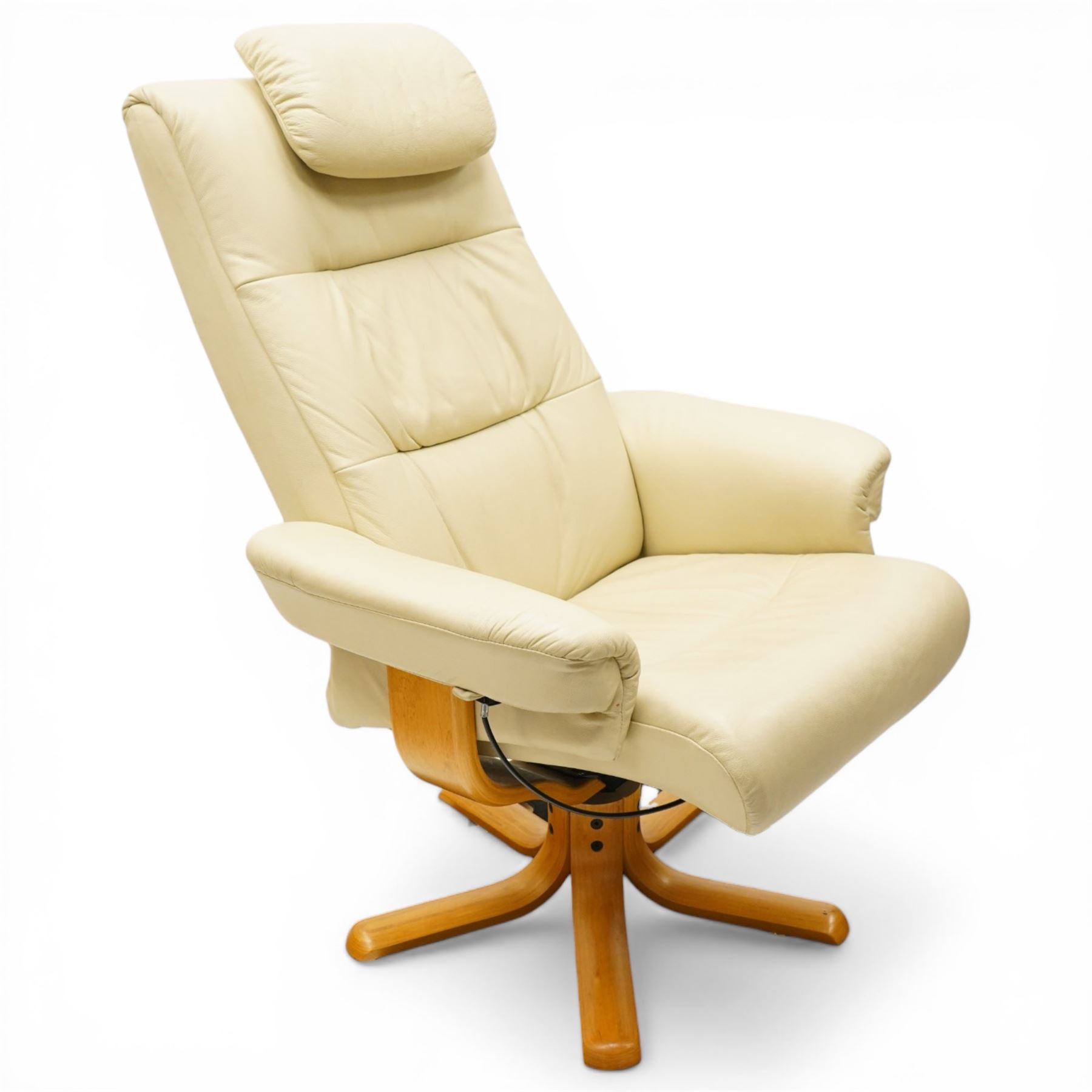 Modern cream leather swivel recliner, with cable operated switch to recline, raised on light bentwood frame