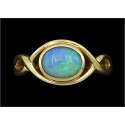 9ct gold single stone opal ring, with crossover design shoulders, Sheffield 2005