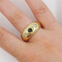 9ct gold three stone gypsy set blue and white cubic zirconia ring, hallmarked
