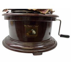 His Master's Voice table top wind up gramophone on a circular wooden base, with brass horn, H72cm, Horn D43cm. 