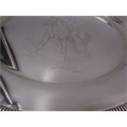 Pair of modern limited edition silver salvers, both celebrating the achievements of British trained racehorse Brigadier Gerard, each of circular form with gadrooned rim and engraving to centre depicting jockey Joe Upton upon Brigadier Gerard, designed by Doris Lindner, limited edition no. 542 & 543/2000, hallmarked William Comyns & Sons Ltd, London 1972, D23cm
