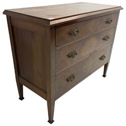 Early to mid-20th century walnut chest, fitted with three graduating drawers with bookmatch veneer facias, raised on square tapering supports