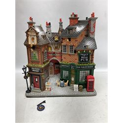 Christmas decorations; Lamax light up English Lane wall hanging, together with Lemax Frolic in the snow, Victorian parkway and other christmas signs and figures