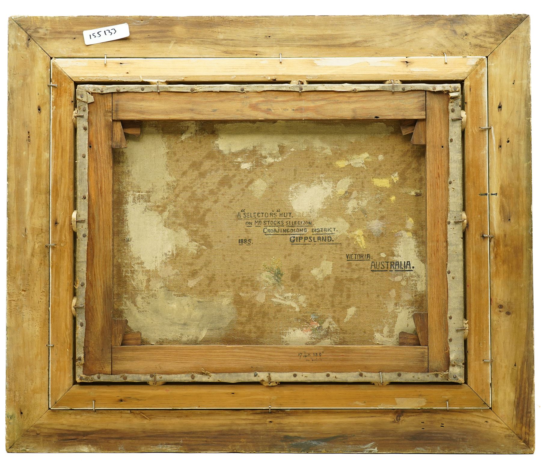 Australian School (Late 19th century): 'A Selector's Hut on Mr Stocks Selection - Croajingolong District - Gippsland Victoria - Australia', oil on canvas signed with monogram WHB, titled and dated 1885 verso 34cm x 44cm