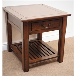  Broyhill oak two tier lamp table, single drawer, square supports joined by supports with slatted base, W64cm, H67cm, D71cm  