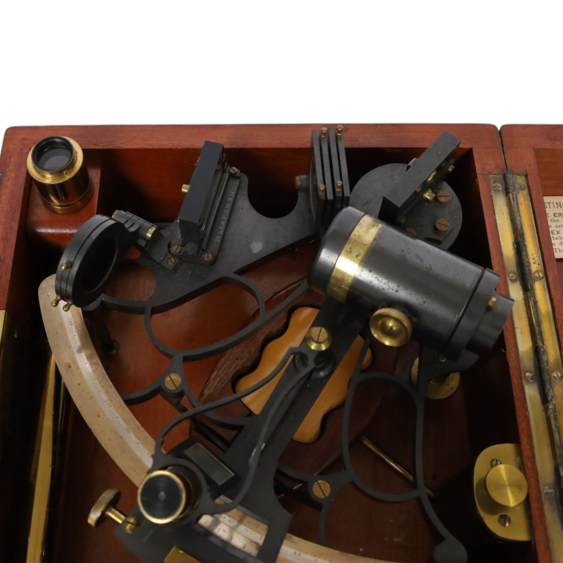 IVORY LICENCE Late 19th century Heath & Co Hezzanith sextant c.1898, brass and black lacquer with silvered dial, contained within a mahogany case, with a Hezzanith false horizon and oil lamp attachment