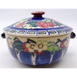  Mak' Merry bowl and cover painted with fruit and flowers, signed and dated 1922, D16.5cm   