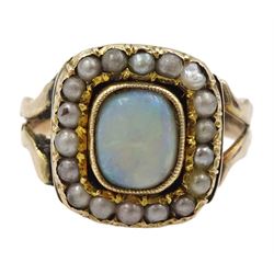 Victorian gold opal and seed pearl cluster ring, boxed