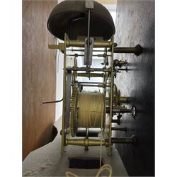 Samuel Ritchie of Forfar - William IV 8-day Scottish longcase clock in a mahogany case, with a swans neck pediment, brass paterae and three ball and spire brass finials, case and trunk inlaid with satinwood stringing on a plinth raised on decorative bracket feet, painted break arch dial depicting a costal scene to the break arch and conch seashells to the spandrels, Roman numerals, subsidiary seconds and date dials with matching steel hands, with a rack striking movement striking the hours on a bell. With weights, key, and pendulum.  Samuel Ritchie is recorded as working in Forfar 1800-37.