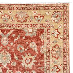 Persian Chubi Oushak style revival hand-knotted carpet, madder red field decorated with large-scale stylized palmettes and floral sprays framed by a broad pale golden border with simplified foliate motifs and multiple guard stripes