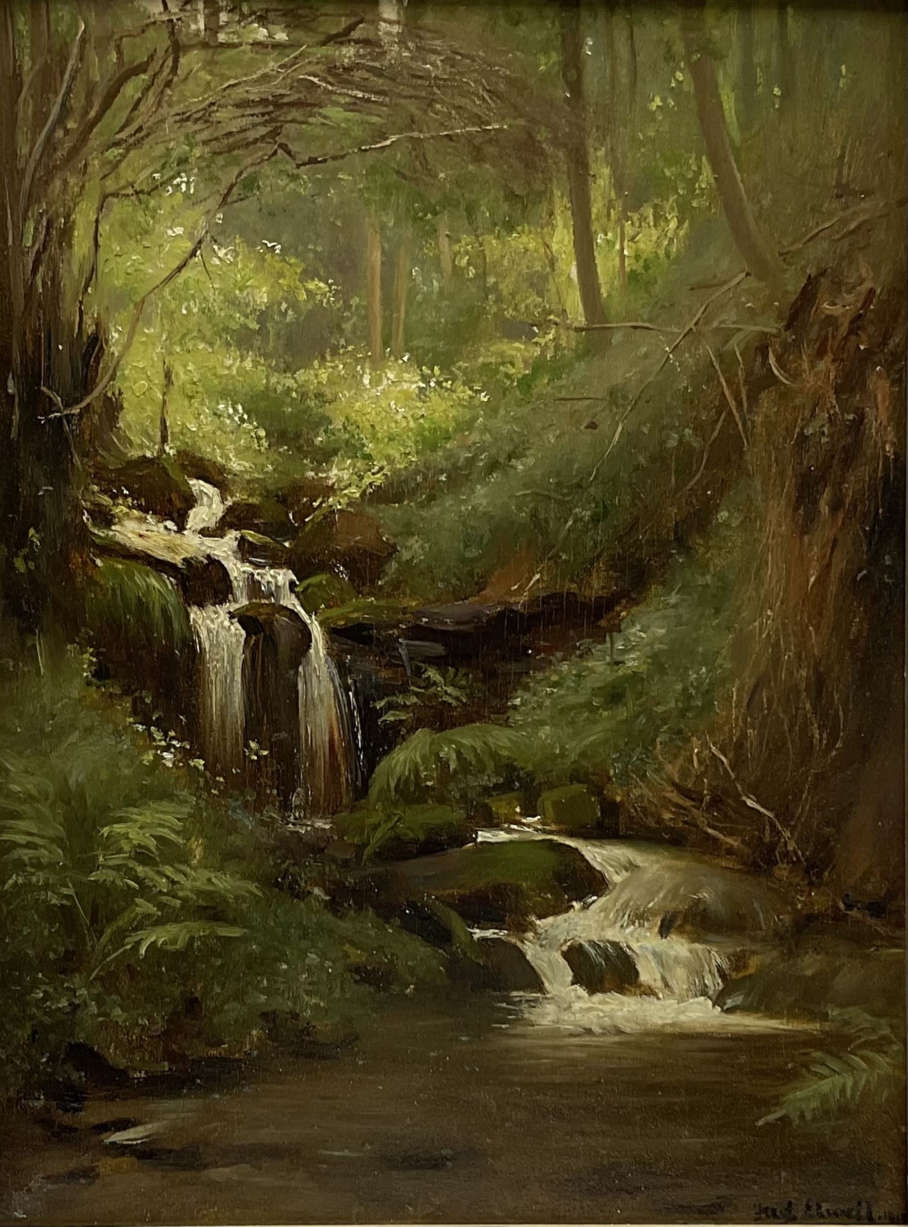 Frederick William Elwell (British 1870-1958): Woodland Waterfall, oil on panel signed and dated 1915, 39cm x 29cm
Provenance: East Yorkshire private collection

