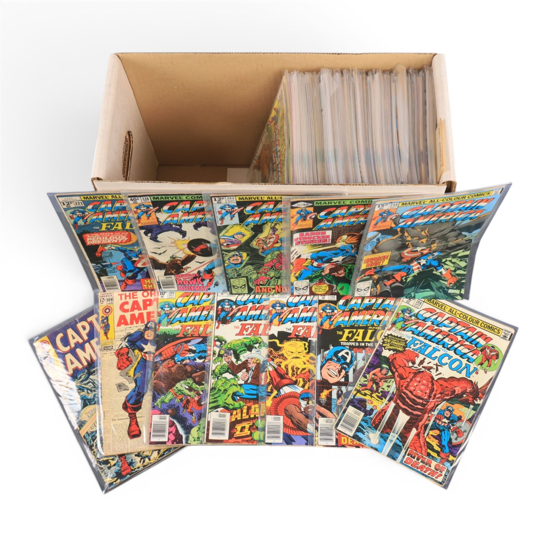Marvel Silver, Bronze and Modern Age 'Captain America' comic books, spanning years 1968-1989, comprising issues #107, #109, #202, #203, #205, #206, #208, #221, #238, #243, #247-#251, #255, #259, #266, #268-#333, #335-#338, #340-#355, and three annuals