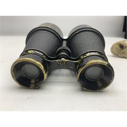 Horn handled magnifying glass and letter opener cased set, replica Scrimshaw in the form of a tusk titled The Ship Charles W Morgan New Bedford and pair of binoculars