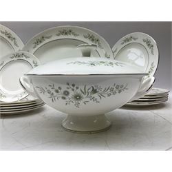 Wedgwood dinner service for six decorated in the Westbury pattern, to include sauce boat and stand and lidded twin handled tureen, plates etc