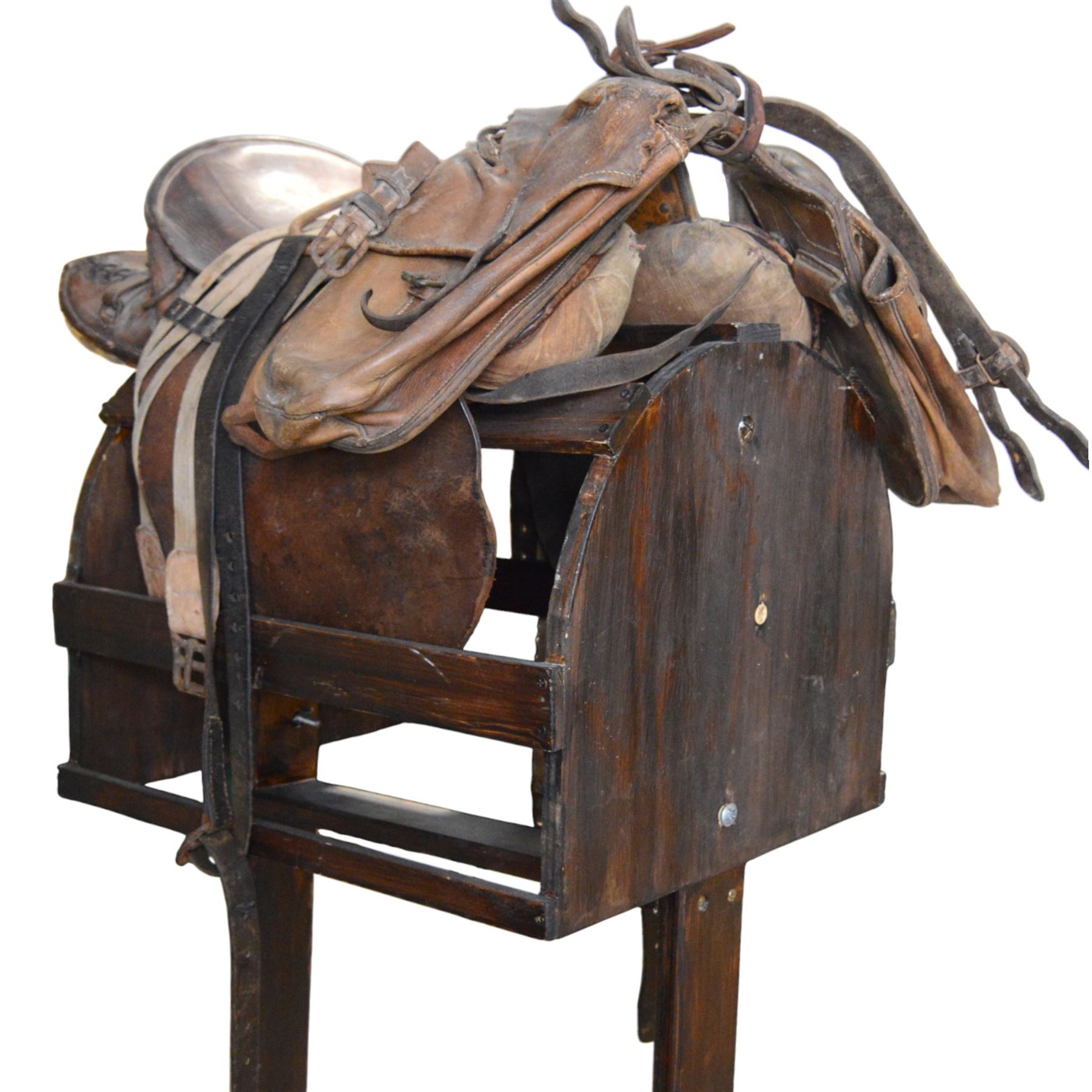 WWI French cavalry 17'' saddle, model 1916, with leather saddle bags, stirrups, girth and bit  