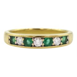 18ct gold round emerald diamond half eternity ring, hallmarked