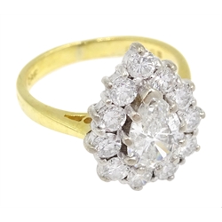  18ct gold diamond cluster ring, central pear shaped diamond surrounded by eleven round diamonds hallmarked, central pear approx 1 carat, diamond surround total approx 0.9 carat  
