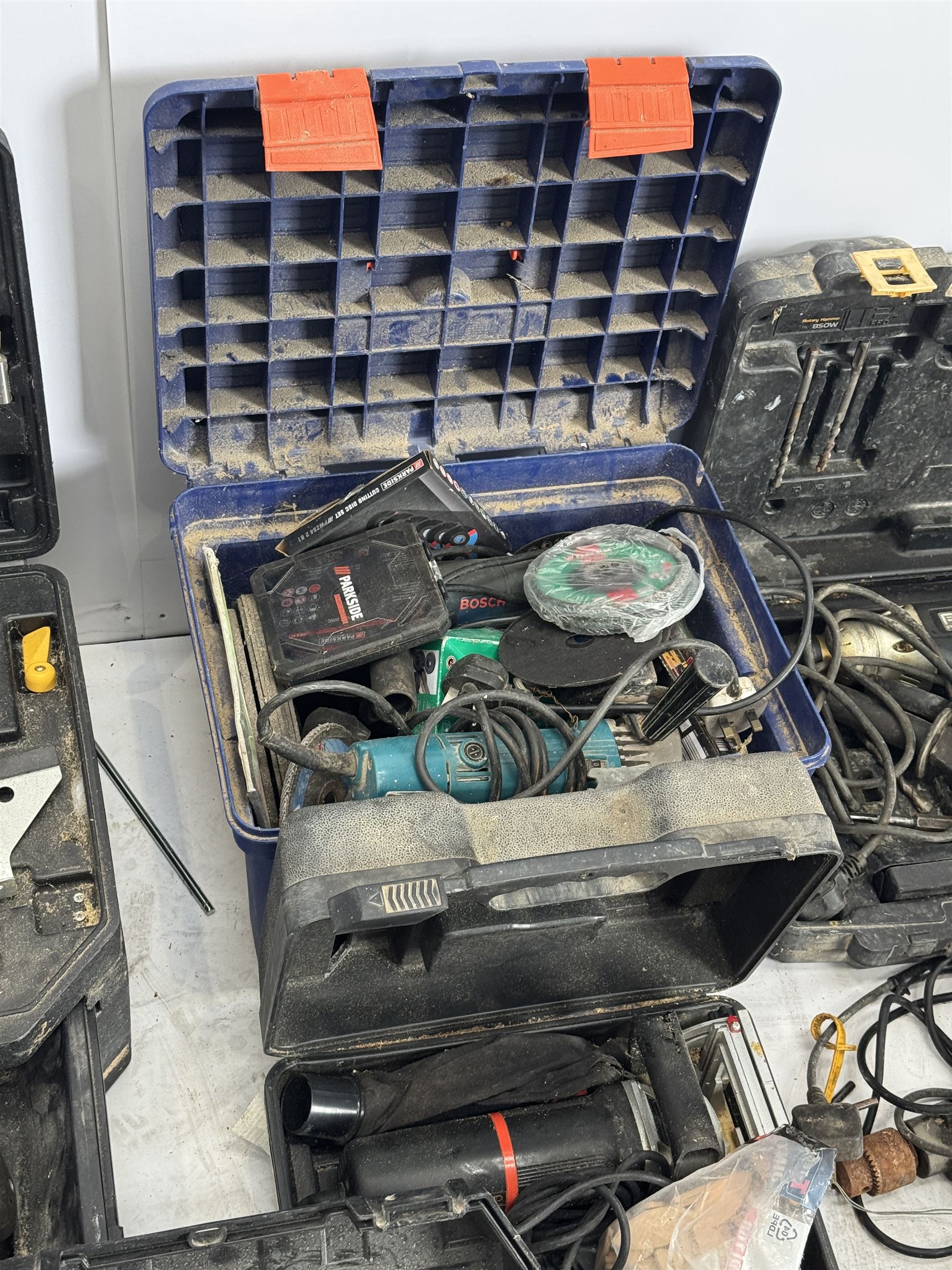Performance Pro router with accessories, cased; DeWalt drill, two angle grinders with bits, biscuit jointer, bench grinder, scroll saw, heat gun, drills and other