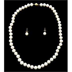 Single strand cultured white pearl necklace, with 9ct gold ball clasp and a pair of 9ct gold matching stud earrings