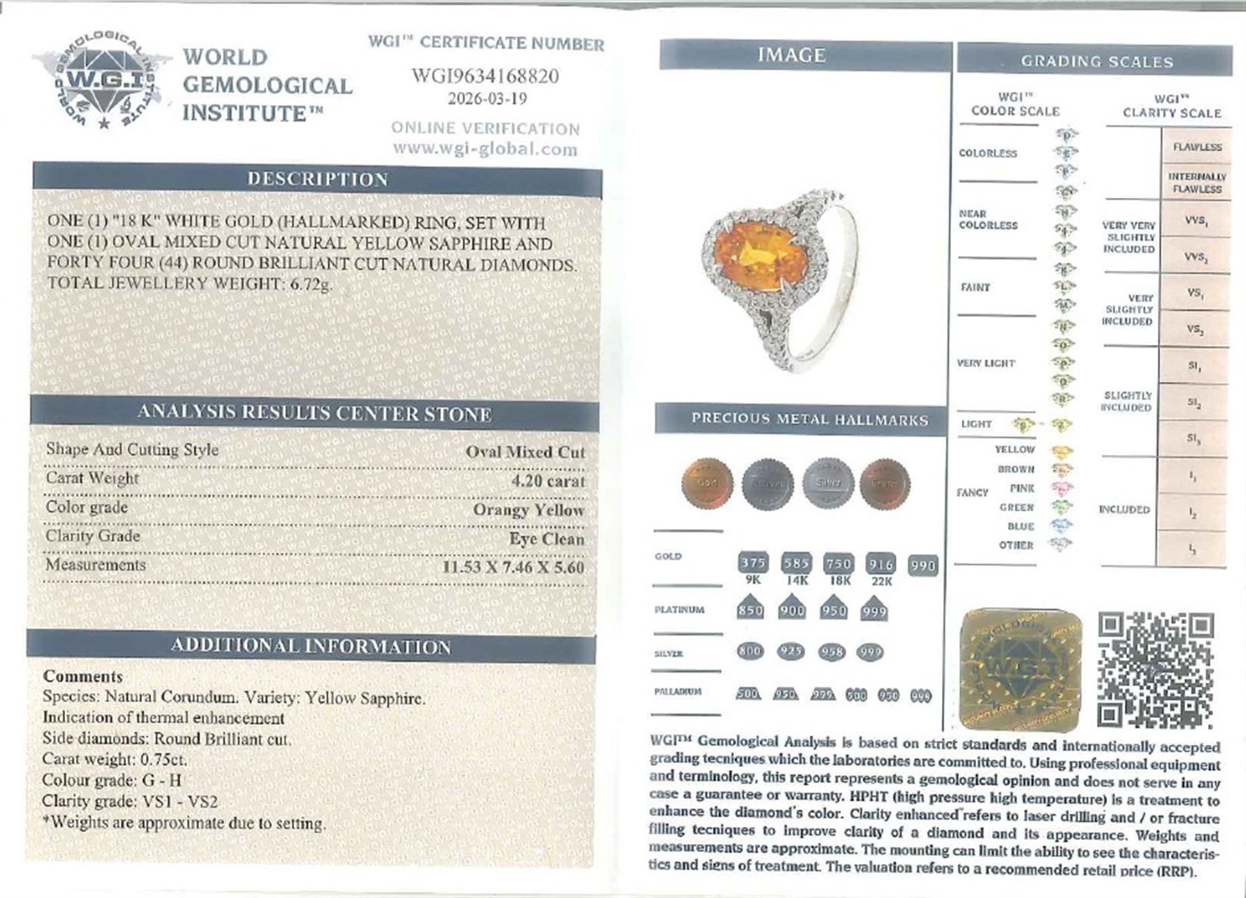 18ct white gold yellow sapphire and diamond ring, single oval cut sapphire of approx 4.20 carat, surrounded by round brilliant cut diamonds and split diamond set shoulders, hallmarked, with World Gemological Institute report