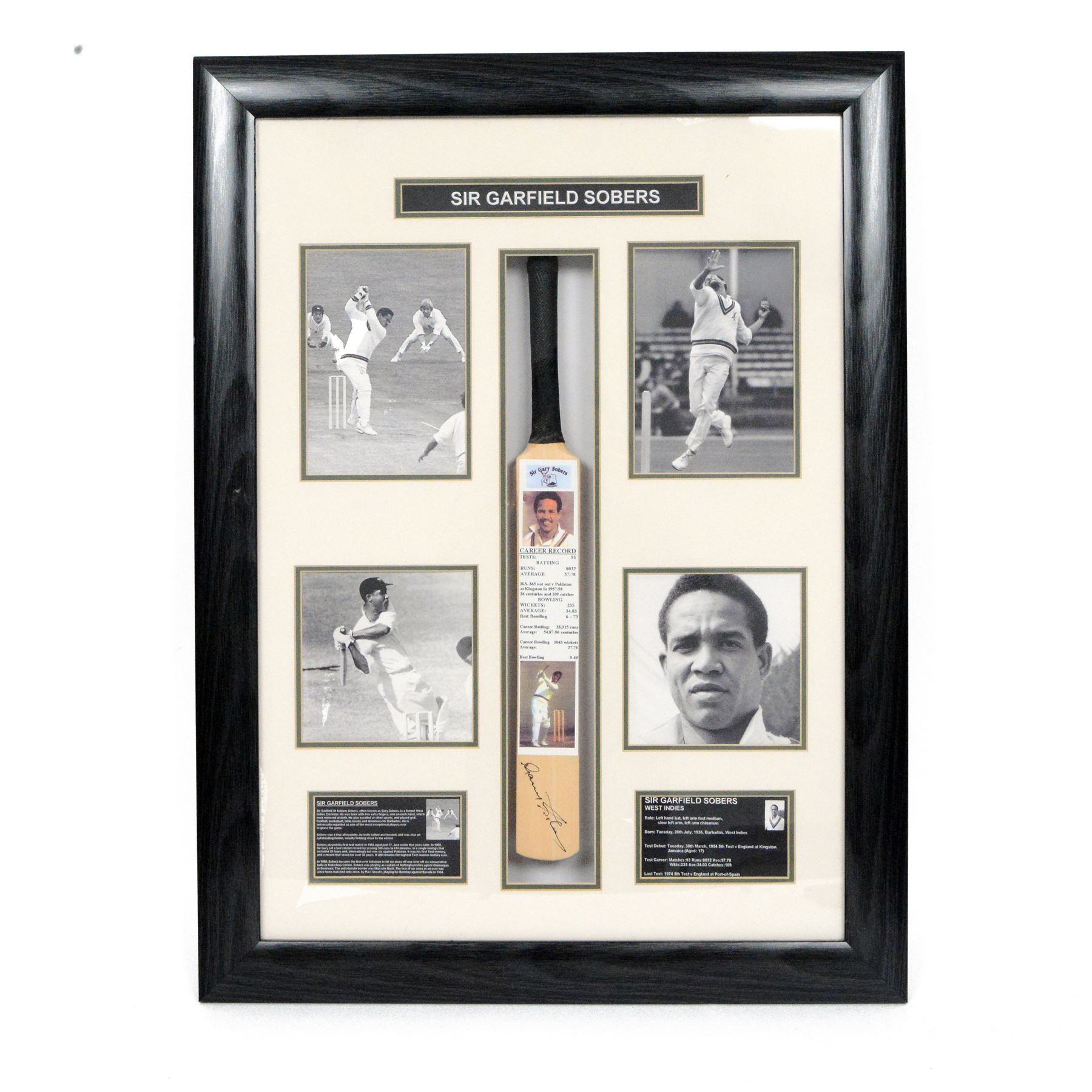 Limited edition signed Sir Garfield Sobers Career Record cricket bat limited edition no. 1of 3, in glazed display case, together with a Sir Garfield Sobers career record montage, with signed miniature bat and four black and white photographs, framed, tallest H97cm