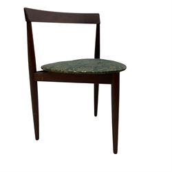 Hans Olsen for Frem Røjle - mid-20th century Danish teak 'Roundette' dining set, comprising a circular dining table raised on four tapering supports, paired with four matching chairs, each with a triangular seat upholstered in floral patterned fabric and raised on three tapering supports