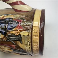 Royal Doulton The George Washington Jug, designed by Charles Noke and Harry Fenton a bicentenary jug modelled in relief with scenes relating to the signing of the Declaration of Independence, the handle in the form of the U.S. flag, H27cm