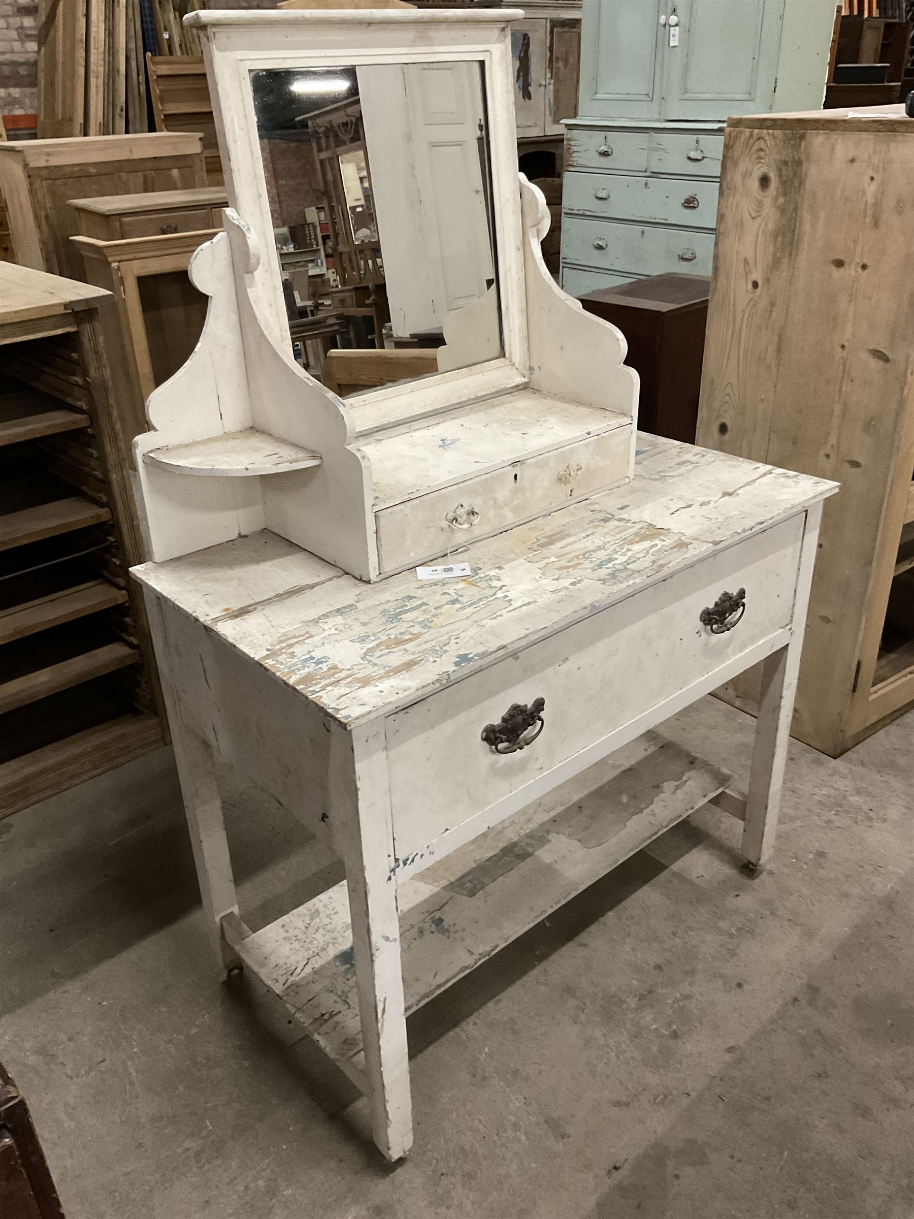 19th century rustic painted pine dressing table, raised swing mirror back over trinket drawer, base with single drawer over undertier, in white finish - THIS LOT IS TO BE COLLECTED BY APPOINTMENT FROM THE OLD BUFFER DEPOT, MELBOURNE PLACE, SOWERBY, THIRSK, YO7 1QY