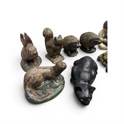 Collection of 33 small glazed cast stone garden animals and figures