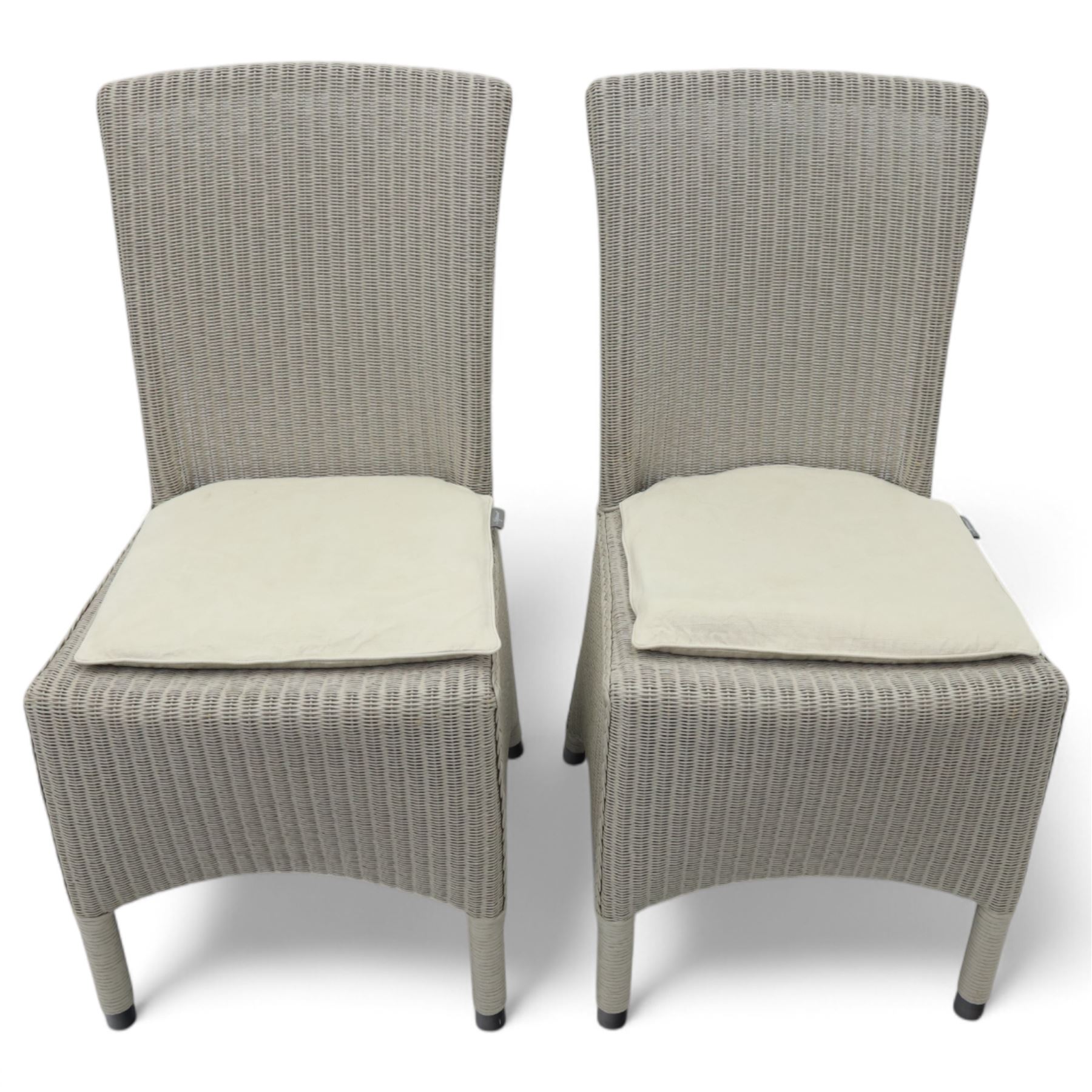 Neptune – Sheldrake limed oak extendable dining table and eight Havan loom chairs, the oval top in limed oak finish with four additional leaves extending the table to seat up to ten (Extends to cm), raised on turned legs with two additional centre supports, the matching Havan loom chairs finished in grey with cream upholstered seat covers (H 95cm, W 47cm, D 55cm)