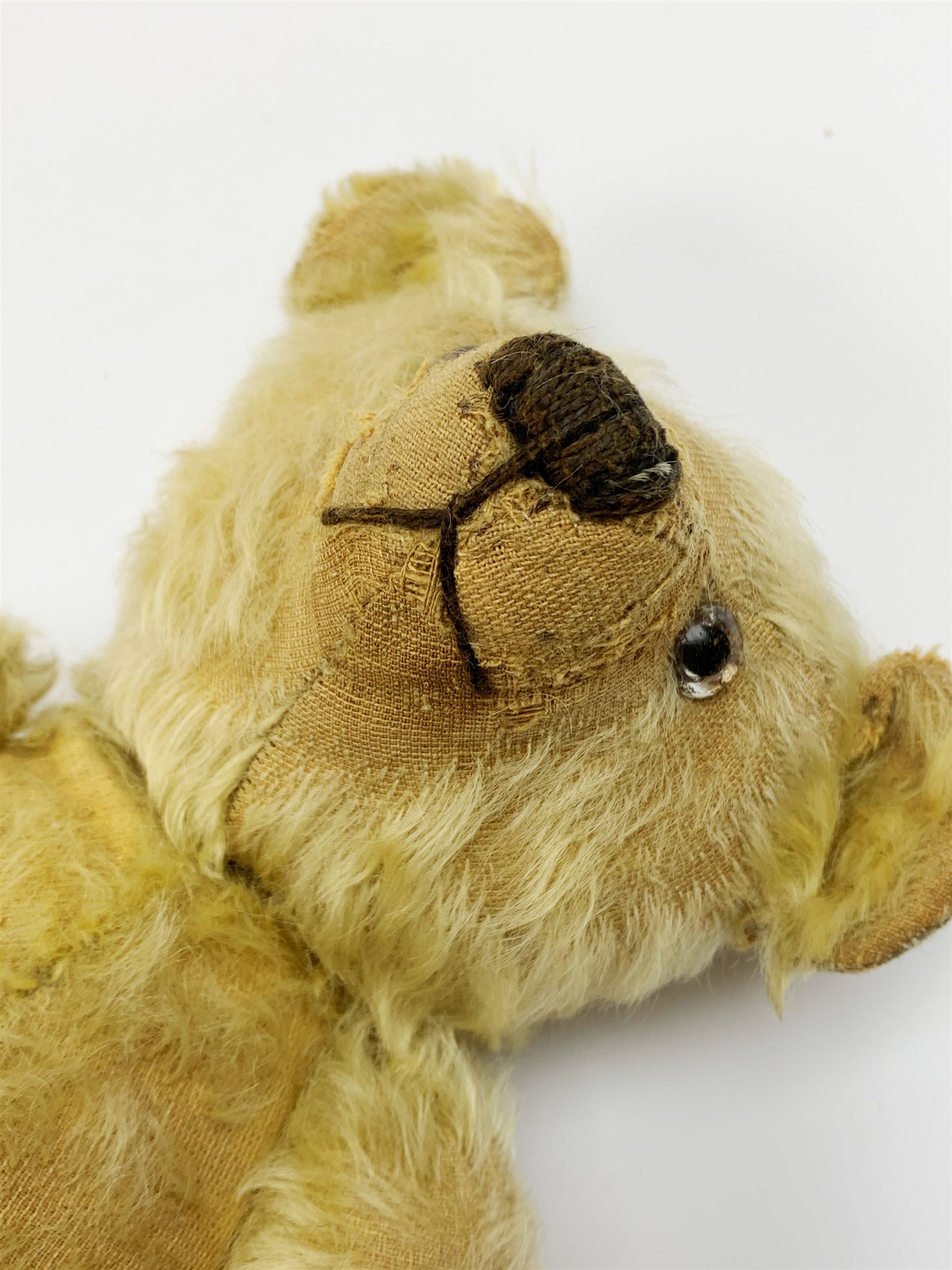 1930s teddy bear, possibly Farnell, with wood wool filled blond mohair body, the revolving head with original clear glass eyes, shaved muzzle with vertically stitched nose and mouth and jointed limbs with five-stitch claws H18.5
