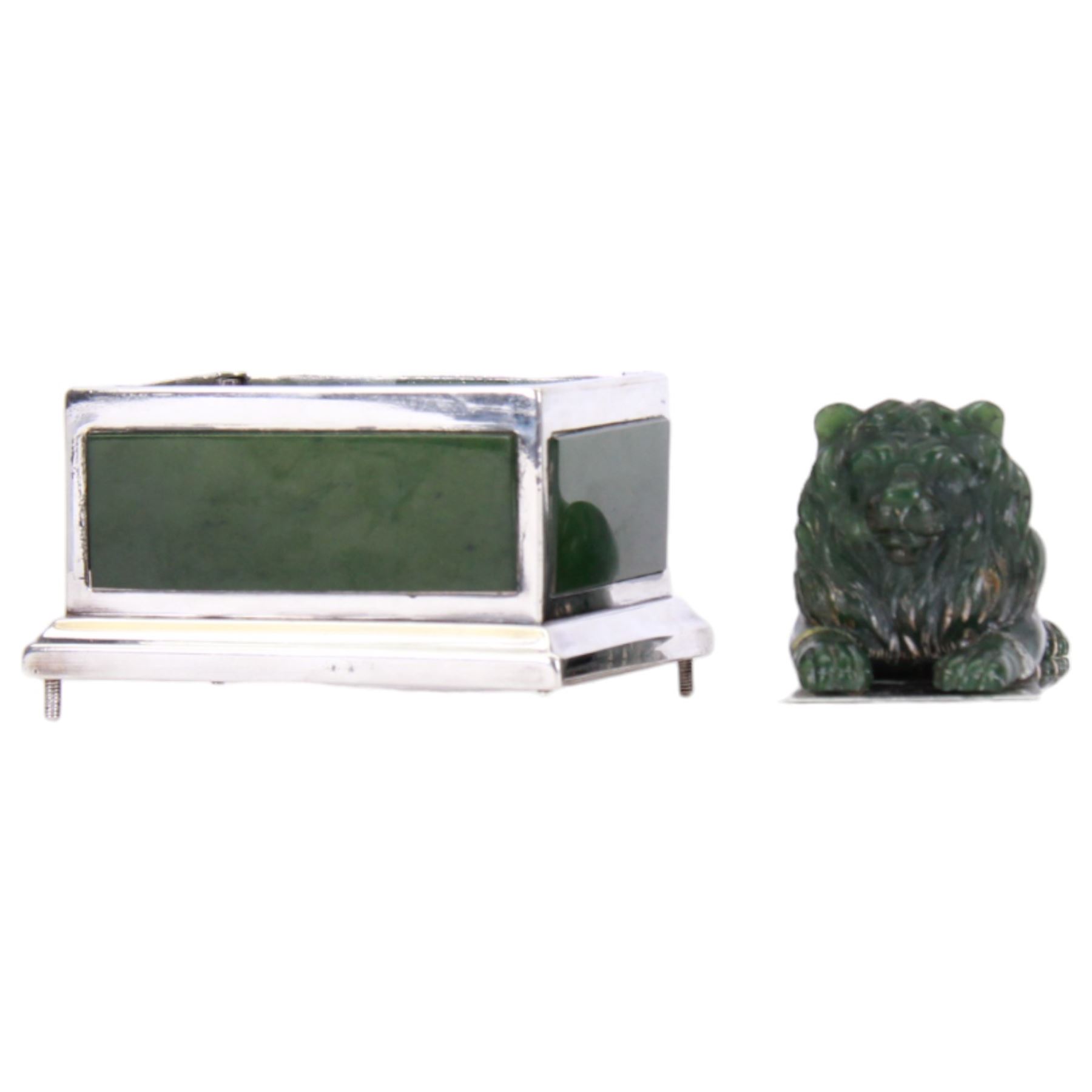 Edwardian silver and nephrite casket, of rectangular form with inset nephrite panels to sides, the removable cover surmounted with a nephrite recumbent lion, hallmarked Frank Hyams Ltd, London 1906, H9.5cm W9cm D6.5cm