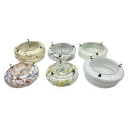 Six Art Deco glass fly catcher light shades, including marbled, mottled and frosted glass examples, largest D31cm